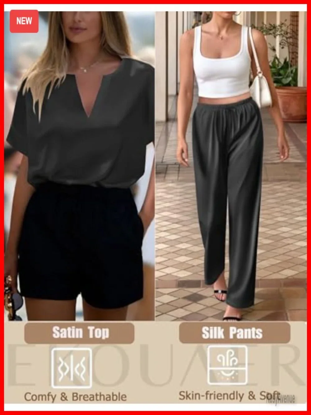 Women's Satin Pajama Set Short Sleeve V Neck Shirt with Long Pant Soft